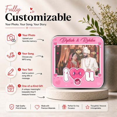 Personalized I Love You Theme Musical Fridge Magnet Photo Frame Valentine's for Couples Wedding Picture Magnet Playable Music for Couples and Music Lovers